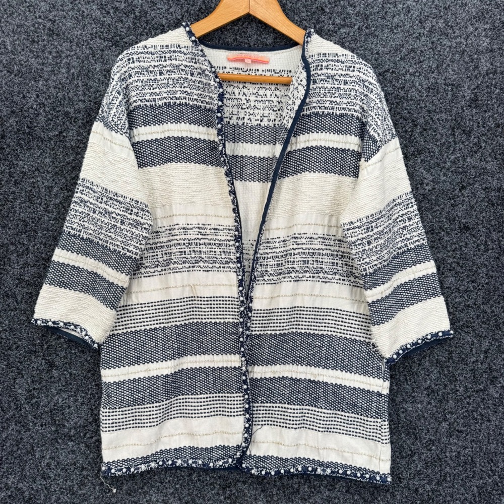 Vilagallo Striped Open Front Cardigan Jacket Pearl Trim Navy White Size 44